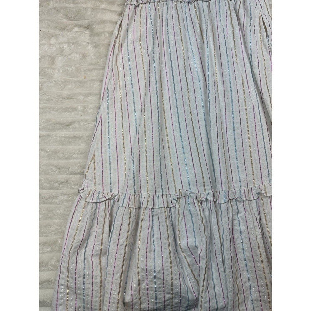 J Crew‎ Dress Women's White Multi Metallic Shimmer Stripe Ruffle Trim Midi 10 - Picture 7 of 15